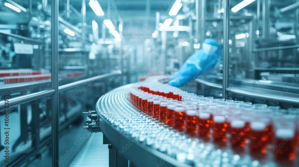 Conveyor Belt Carrying Red Liquid in a Factory Conveyor Belt Carrying Red Liquid in a Factory