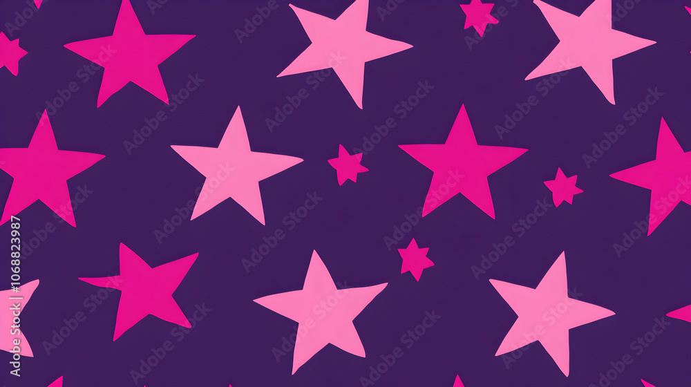 Seamless pattern of pink and purple stars on a dark purple background. Seamless pattern of pink and purple stars on a dark purple background.