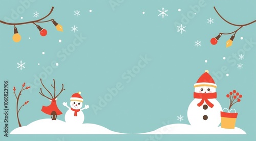 Two snowmen with a Christmas tree and lights in the snow.