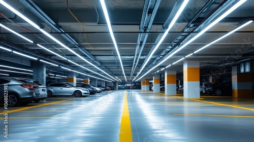 Strip lights illuminate the ceiling of a parking garage, enhancing visibility. 