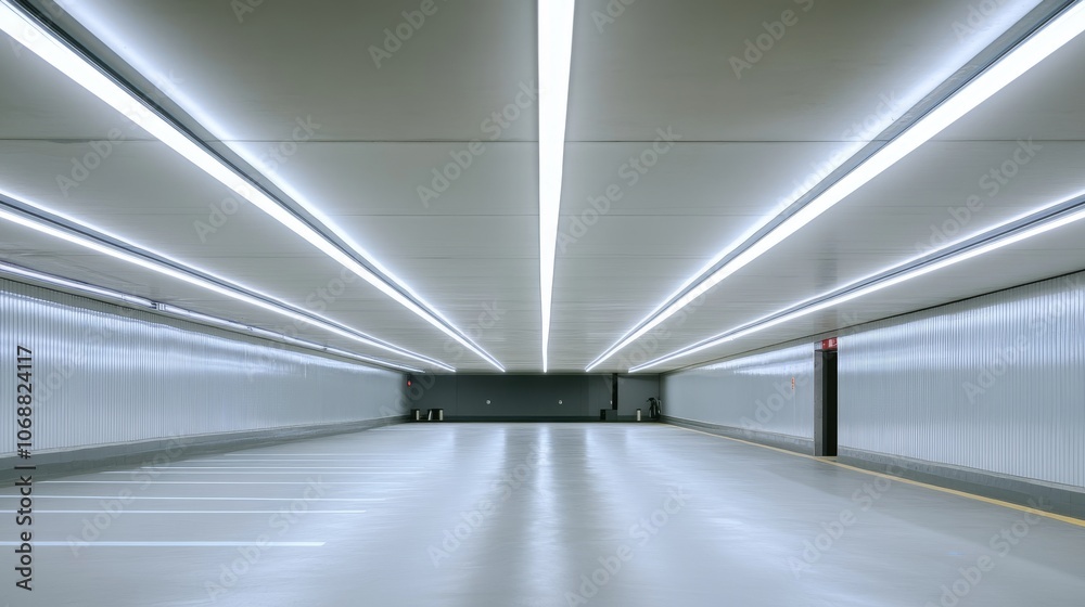 Strip lights illuminate the ceiling of a parking garage, enhancing visibility. Strip lights illuminate the ceiling of a parking garage, enhancing visibility.
