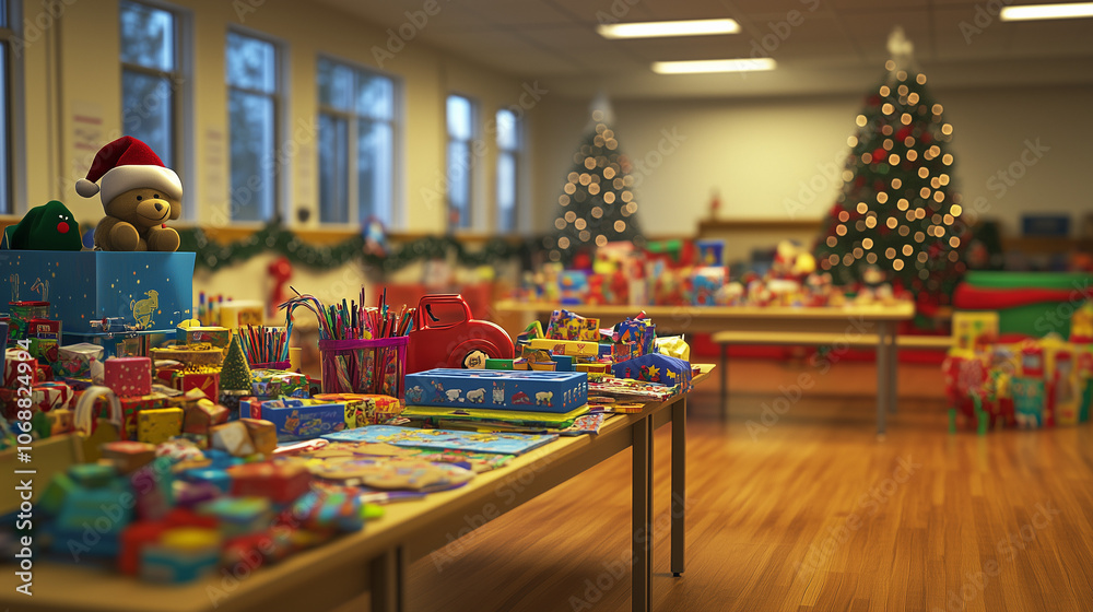 Christmas Toy Shop Display with Gifts and Decorated Trees