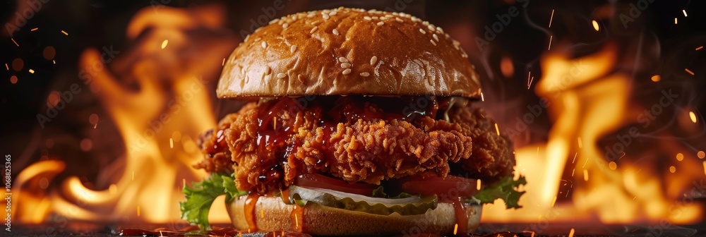 mouth-watering spicy chicken burger with flames, dark setting for ad visuals mouth-watering spicy chicken burger with flames, dark setting for ad visuals