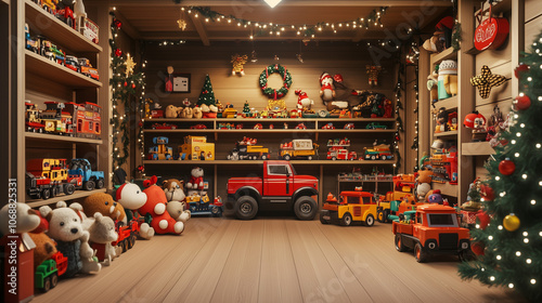 Christmas Toy Store Shelves with Stuffed Animals and Trucks