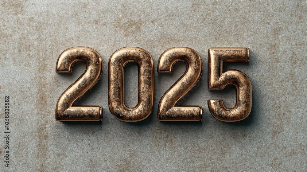 Bronze metallic numbers forming the year 2025 against a textured light brown background conveying an industrial or modern design theme. Bronze metallic numbers forming the year 2025 against a textured light brown background conveying an industrial or modern design theme.