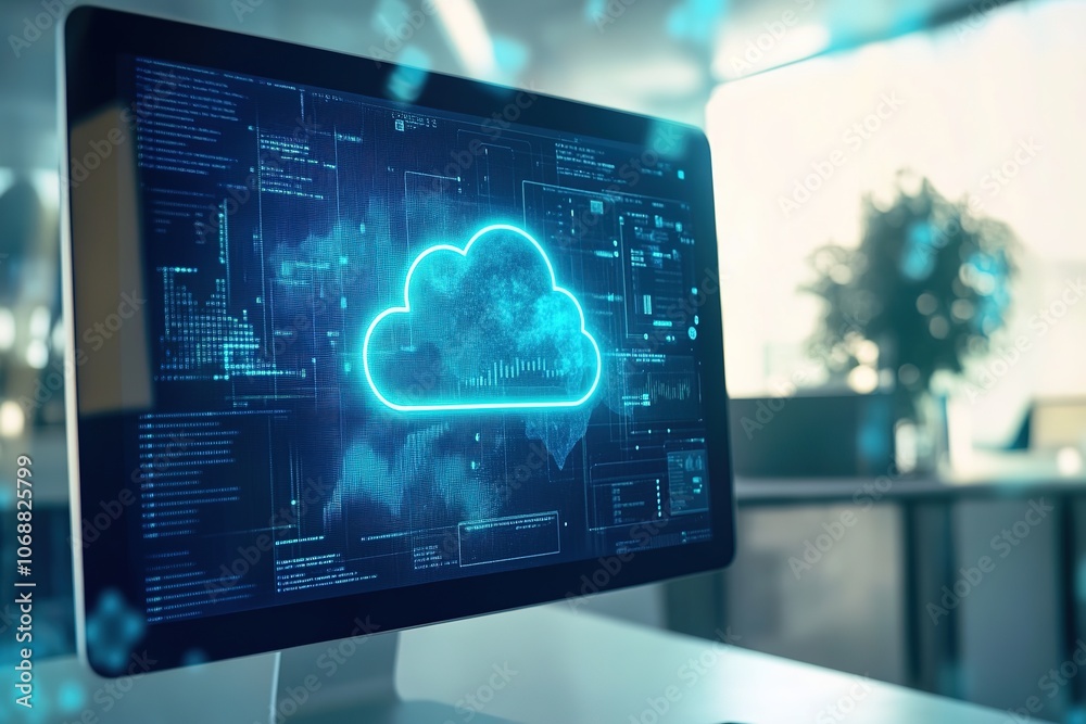 Futuristic cloud computing interface on screen. Futuristic cloud computing interface on screen.