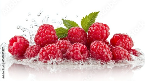 A bunch of red raspberries with green leaves on top