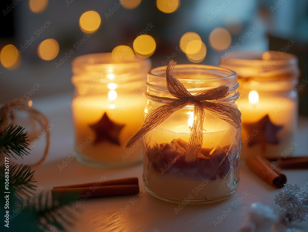 Glowing candles in jars, adorned with twine, create a warm and cozy atmosphere, enhanced by soft, festive bokeh lights in the background. Glowing candles in jars, adorned with twine, create a warm and cozy atmosphere, enhanced by soft, festive bokeh lights in the background.