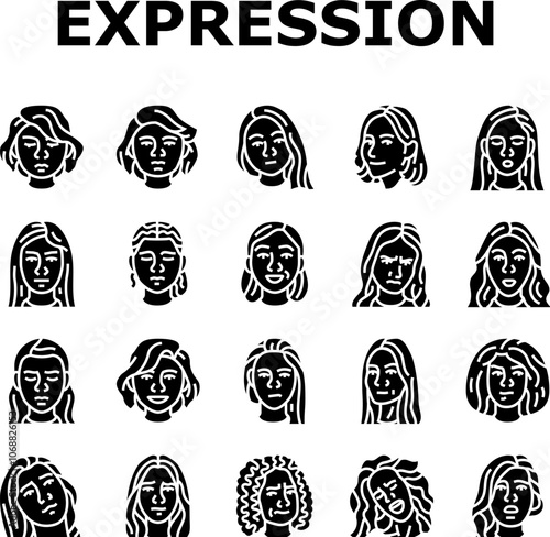 facial expression female smile icons set vector. pout smirk, glare wink, blush scowl, grin sneer, beam, grimace pout, sulk, glower facial expression female smile glyph pictogram Illustrations
