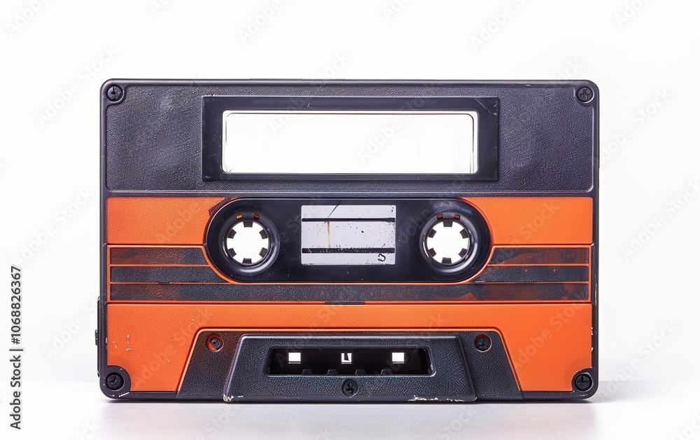 Obraz premium Old black and orange audio cassette isolated on white background. Retro music poster, vintage culture, nineties nostalgia, throwback, old school, memories, youth. 90s analogue technologie, non digital