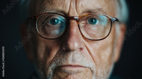 Close-up of an older man with light colored hair wearing round glasses, capturing a moment of deep thought and reflection with a serious expression on his face.