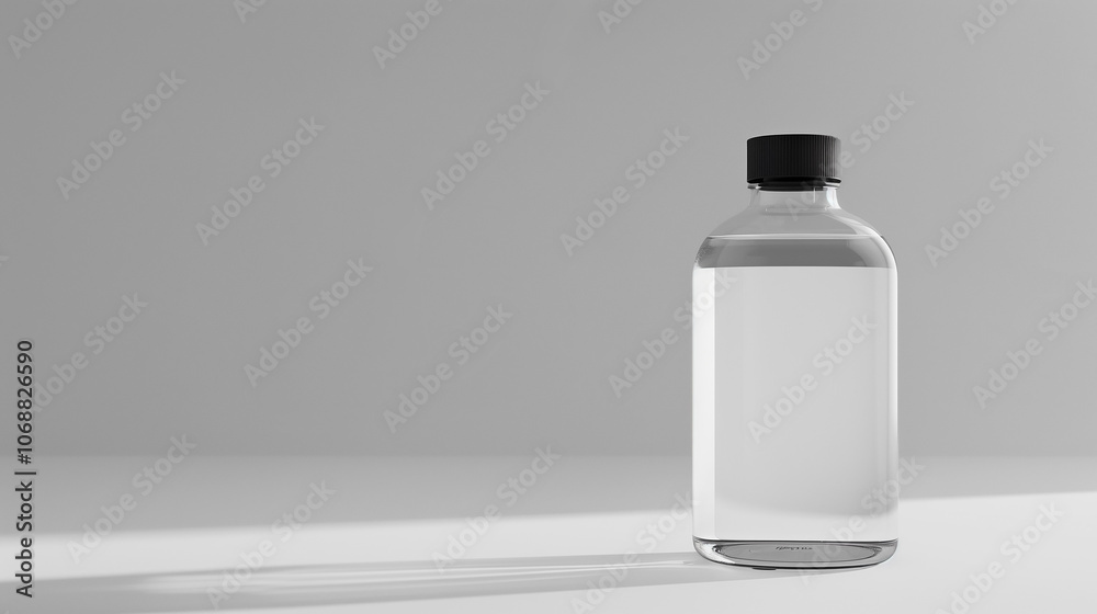 Modern clean water bottle with safety cap on white background, half-filled with clear water symbolizing hydration, freshness, and drinking safety. Minimalist design with ample copy space for healthy l Modern clean water bottle with safety cap on white background, half-filled with clear water symbolizing hydration, freshness, and drinking safety. Minimalist design with ample copy space for healthy l