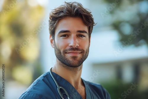 Smiling Male Nurse With Stethoscope and Blue Uniform