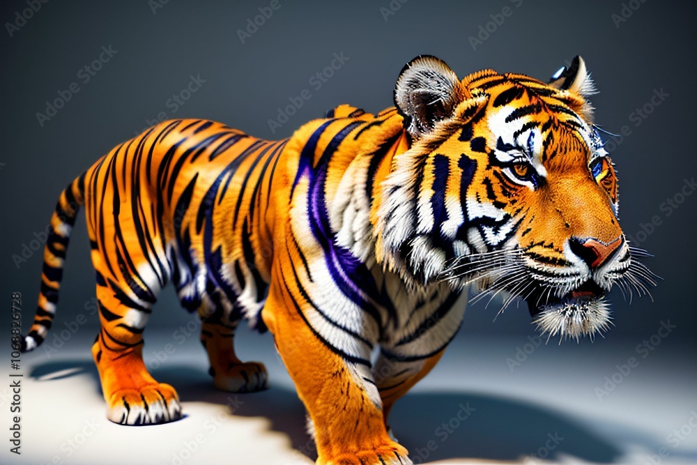 Obraz premium a tiger with smooth body contours,marble,light,blue,yellow,red,green,purple,white,orange,realistic,detailed,detailed