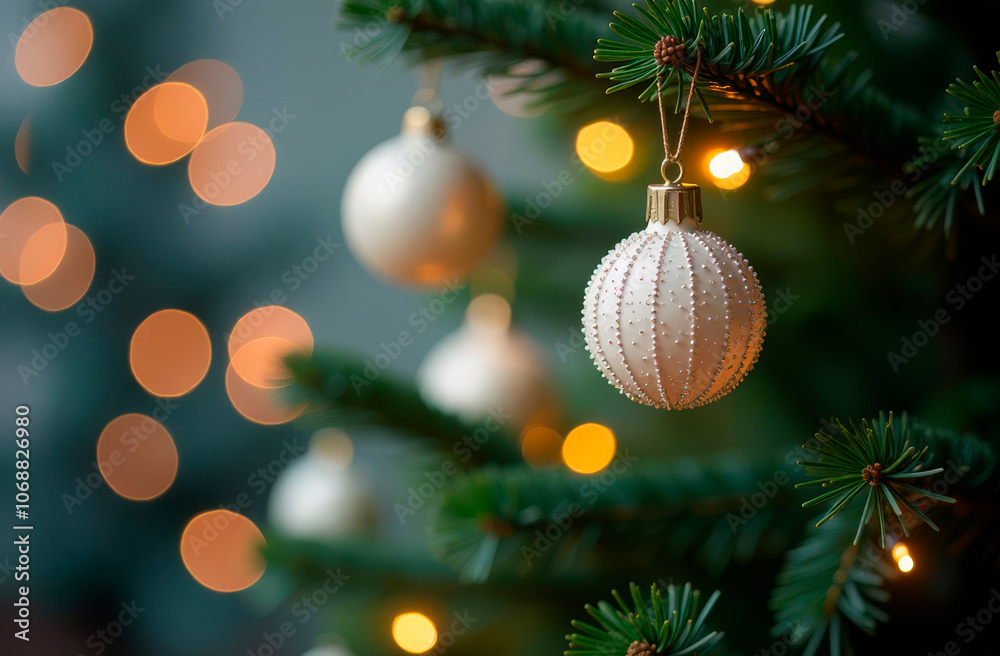 White Christmas balls hanging on fir branches. Holiday background with bokeh. White Christmas balls hanging on fir branches. Holiday background with bokeh.