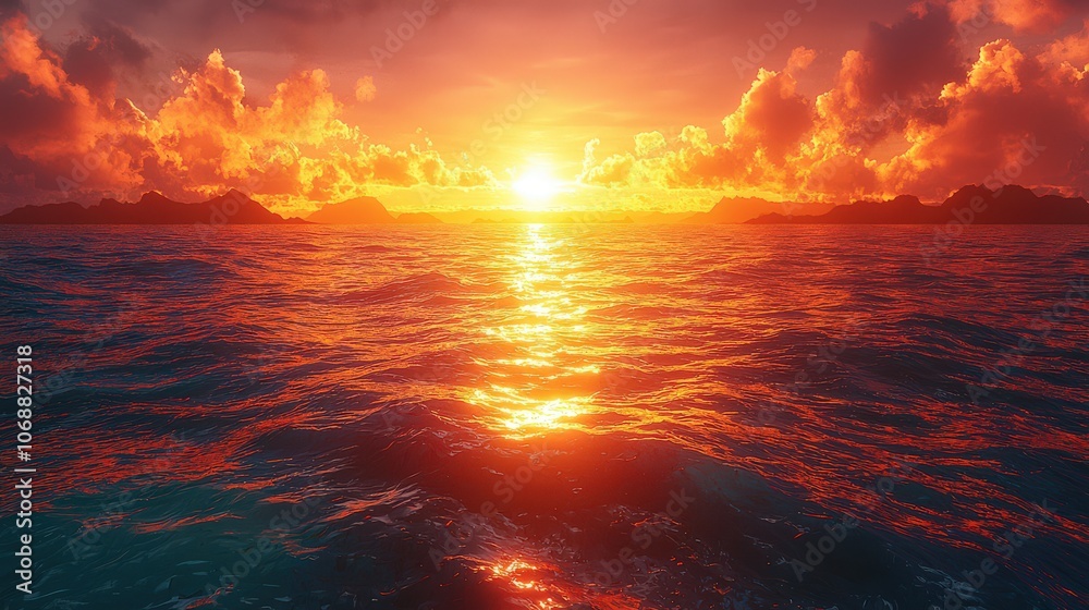 Fototapeta premium Breathtaking ocean sunset with vibrant colors, dramatic clouds, and serene water reflections, creating a tranquil and picturesque seascape perfect for nature and travel themes