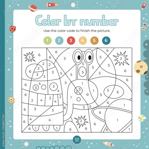Color by number – alien snail. Outer Space Activities for kids.  Coloring page for activity book. Vector illustration. Logic Game for boost of fine motor skills, thinking, attention, learning of numbe