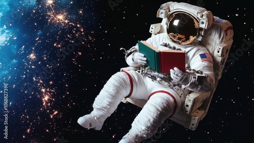 An astronaut floating in space, reading a book, symbolizing learning beyond the limits of Earth   space exploration, infinite learning
