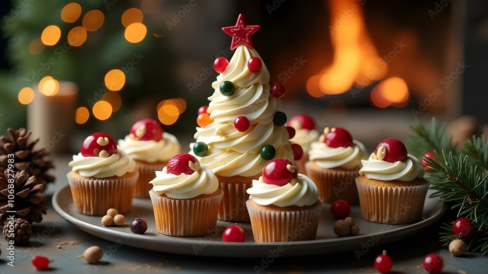A delightful group of cupcakes meticulously decorated to resemble beautiful and festive Christmas trees, perfect for holiday celebrations