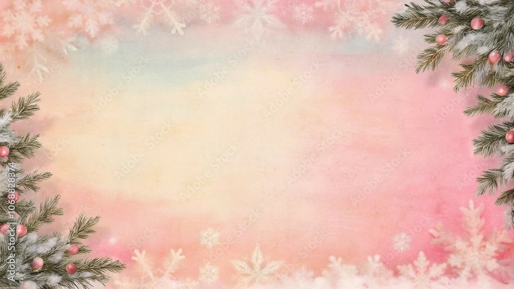 Retro-style Christmas illustration, pastel pink background, white snowflakes with pine branches and red berries Retro-style Christmas illustration, pastel pink background, white snowflakes with pine branches and red berries