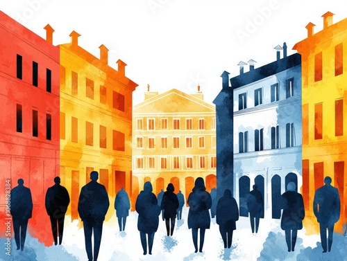 People Gather in a Colorful Urban Square Surrounded by Architecture