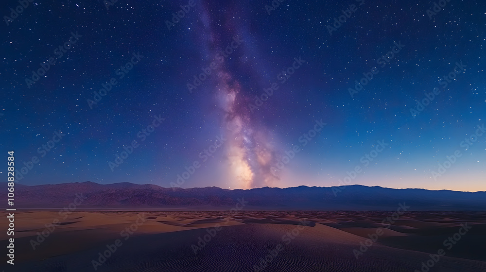 Fototapeta premium An immersive photography of a vast desert landscape under a star-filled night sky, with the Milky Way arching above and casting a soft glow over the endless dunes, evoking a sense of wonder...