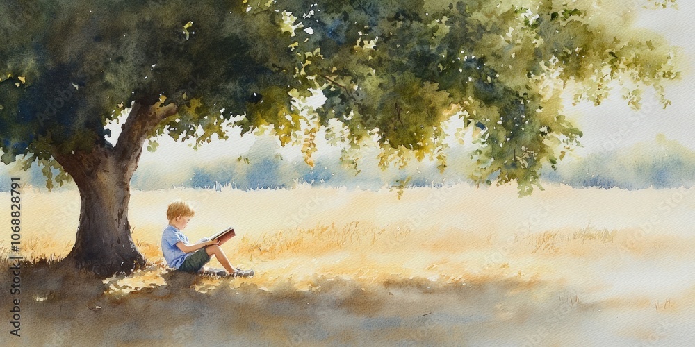 Fototapeta premium Young Boy Enjoys a Book Under a Shady Tree in Nature