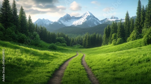 A Winding Path Through Lush Green Fields Leading to Snow-Capped Mountains The Path to Freedom, Future in Sight, Walking Toward New Beginnings with Hope