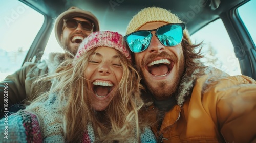 A group of friends delights in a winter road trip adventure, warmly bundled up in bright clothes and sharing joyful moments within their cozy vehicle. photo