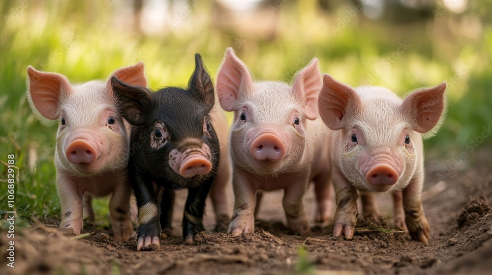 Four Piglets Looking Up in a Green Meadow Four Piglets Looking Up in a Green Meadow