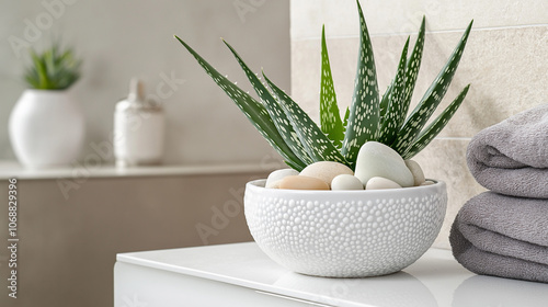 Fresh aloe vera plant in a white ceramic pot with decorative stones, placed on a minimalist bathroom shelf. Soft, indirect lighting enhances the smooth leaves and textures of the pot  photo