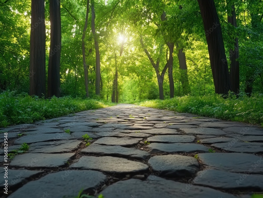 Naklejka premium Embark on a Journey of Growth and Discover New Beginnings A Visionary Path Leading to Future Success, Inspiring Image of a Stone Path Through a Sun-Dappled Forest