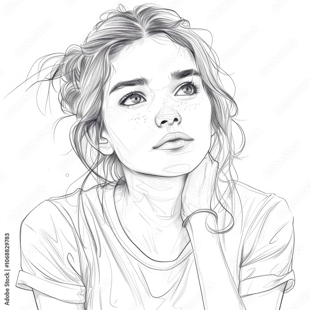 Clean Line Art Portrait of a Thoughtful Young Woman Clean Line Art Portrait of a Thoughtful Young Woman