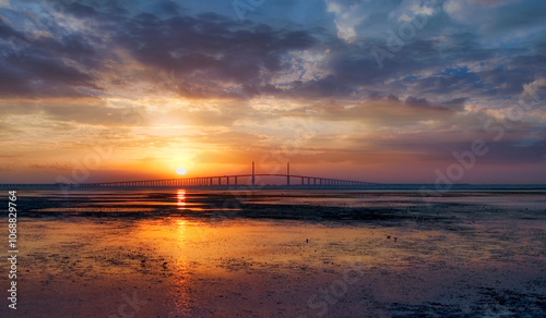 Εκτύπωση καμβά The sun rises behind the Sunshine Skyway Bridge, illuminating the shores of Fort DeSoto at low tide