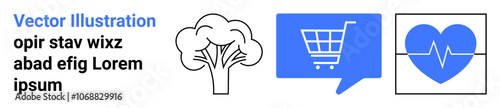 Black and blue tree, speech bubble with shopping cart, and heart with electrocardiogram line. Ideal for environmental themes, online shopping platforms, health and wellness topics, minimalistic