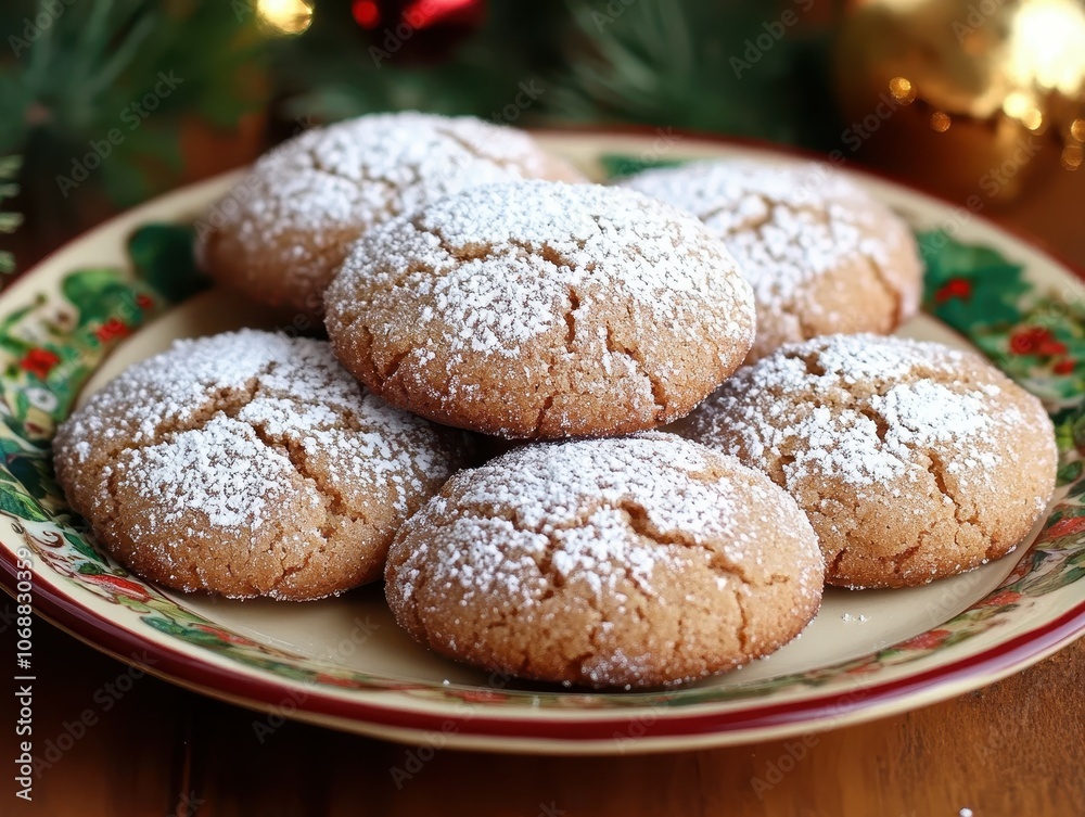 Delightful festive cookies dusted with powdered sugar on a decorative plate Delightful festive cookies dusted with powdered sugar on a decorative plate