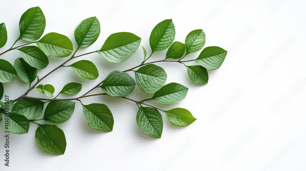 Minimalist arrangement of green leaves on a branch against a clean white background, showcasing natural beauty and simplicity, ideal for eco-friendly, botanical, and wellness themes Minimalist arrangement of green leaves on a branch against a clean white background, showcasing natural beauty and simplicity, ideal for eco-friendly, botanical, and wellness themes