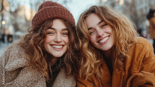 Dressed in warm winter clothing, two women pose together with cheerful smiles in an urban environment, embodying a sense of style and female companionship.