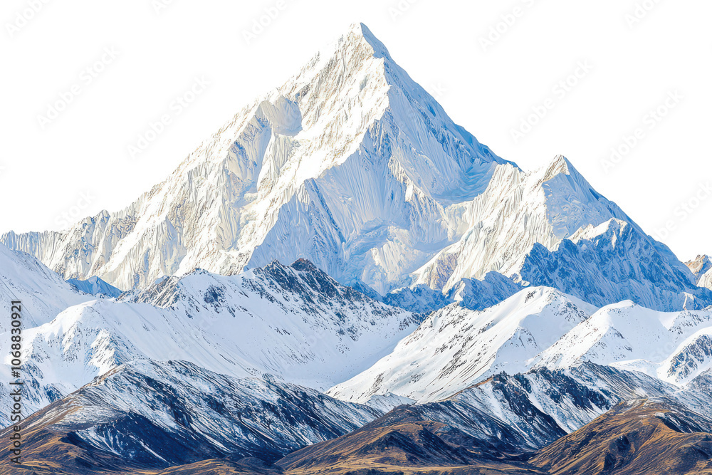 Naklejka premium Majestic Snow Capped Mountain Peak in a Rugged Mountain Range on transparent background