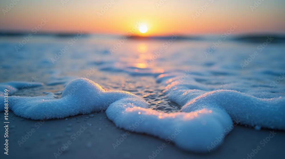 Macro Shallow Depth of Field Image of Seam Foam and Waves on the Beach at Sunset Macro Shallow Depth of Field Image of Seam Foam and Waves on the Beach at Sunset