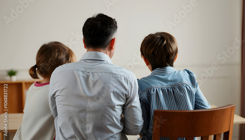 rear view on psychologist listening to family problems, they sit at table talking. children trauma due to divorce of parents isolated with white shades, png photo