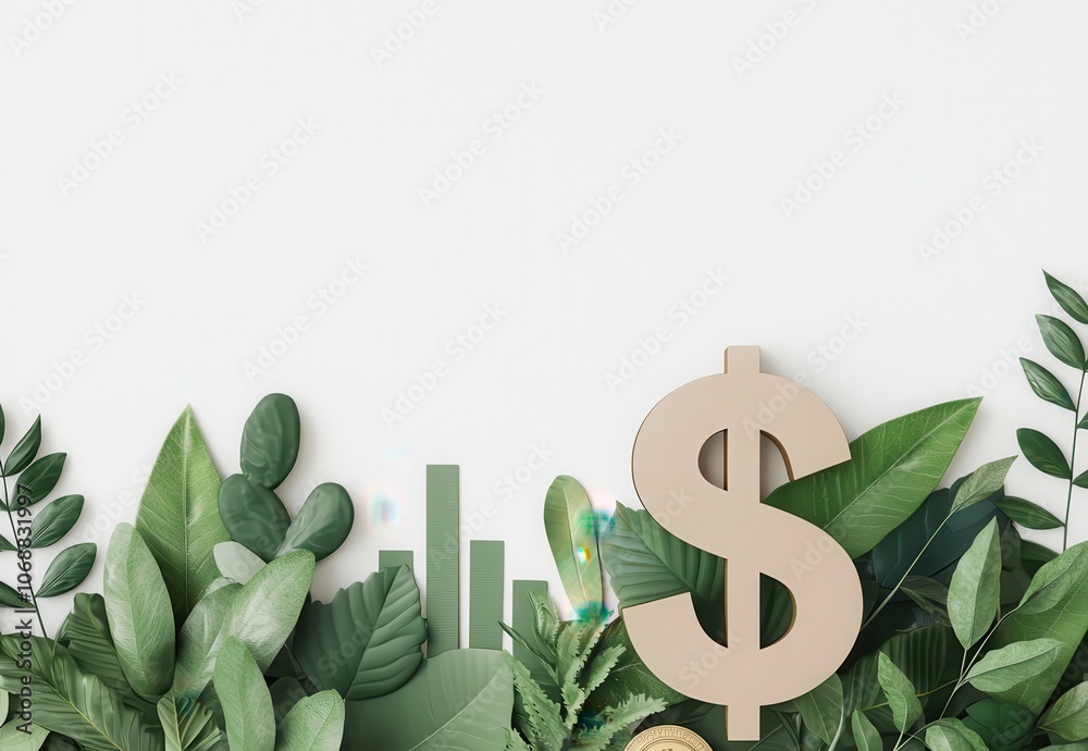 Obraz premium A composition of vibrant green leaves surrounds a dollar sign, symbolizing the connection between finance and nature.