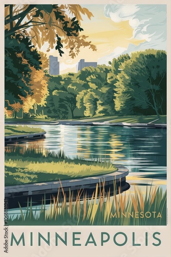 Vintage Travel Poster of Minneapolis, Featuring Scenic Riverside Views and Lush Greenery, Evoking Nostalgic Adventures in Minnesotas Natural Beauty photo