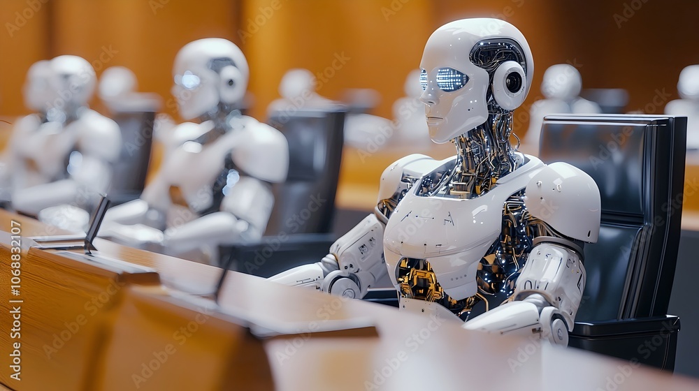 Fototapeta premium Futuristic AI Powered Courtroom with Robotic Judges and Lawyers Debating Cases Using Data Streams