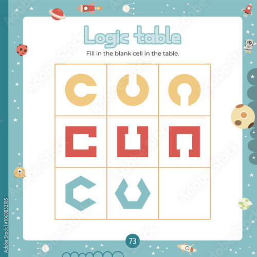 Outer Space Puzzle game for children. Complete Logic Table. Vector illustration. Fill in the blank cell in the table correct figure for kids activity book. Square page