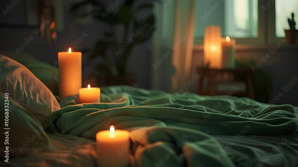 Dark bedroom interior with green blankets on bed, burning candles and glowing lamp at night Dark bedroom interior with green blankets on bed, burning candles and glowing lamp at night