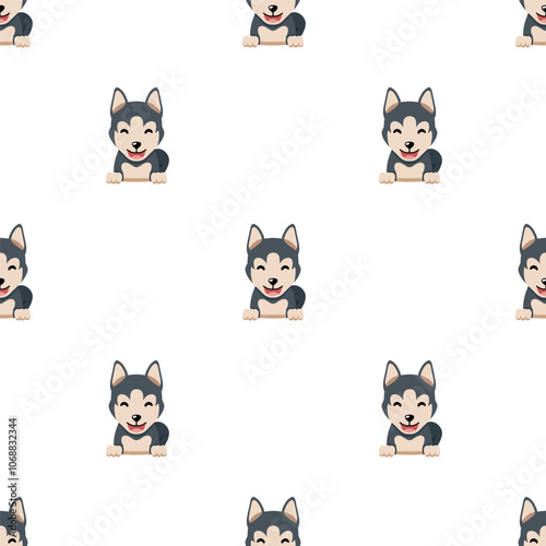 Vector cartoon character cute siberian husky dog seamless pattern background for design.