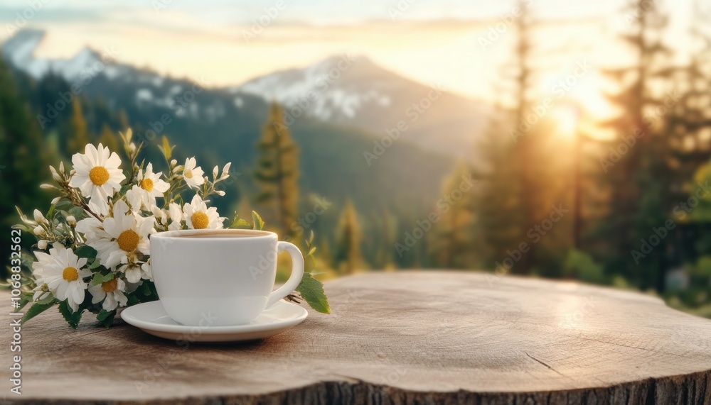 Peaceful Mountain Sunrise with a Cup of Coffee, Tranquil Morning View, Serene Landscape, Cozy Cabin Vibes