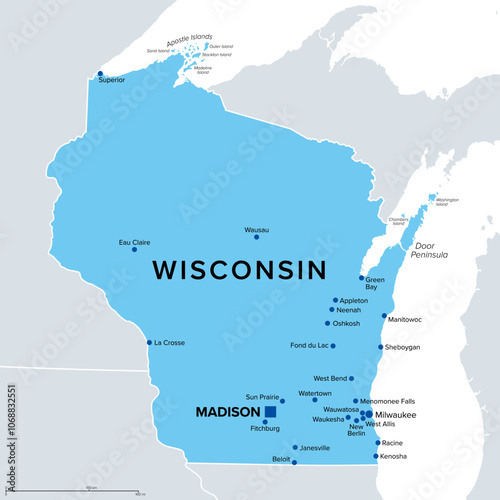 Wisconsin, U.S. state, political map. State in the Great Lakes region of upper Midwestern United States, with capital Madison, metropolitan area Milwaukee. The Badger State and America's Dairyland.
