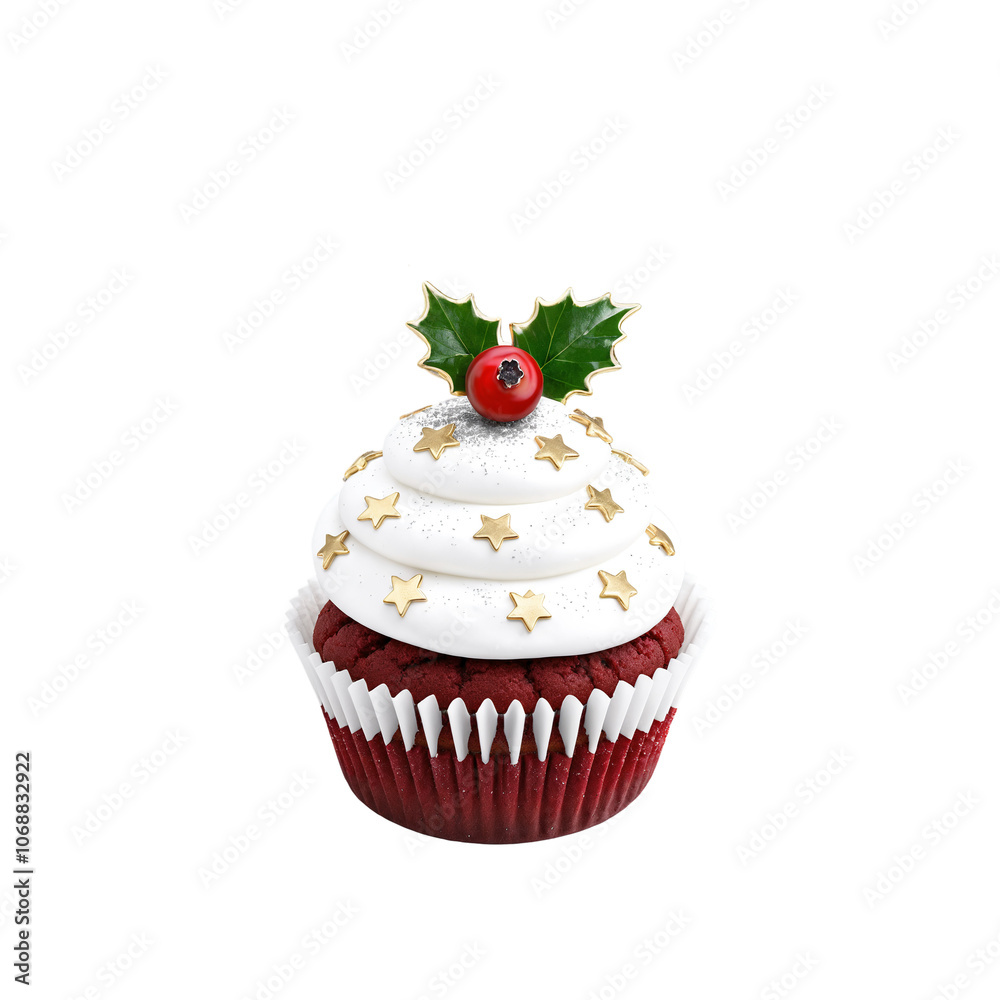 Red cupcake with gold stars and a small red berry on top on transparent background Red cupcake with gold stars and a small red berry on top on transparent background